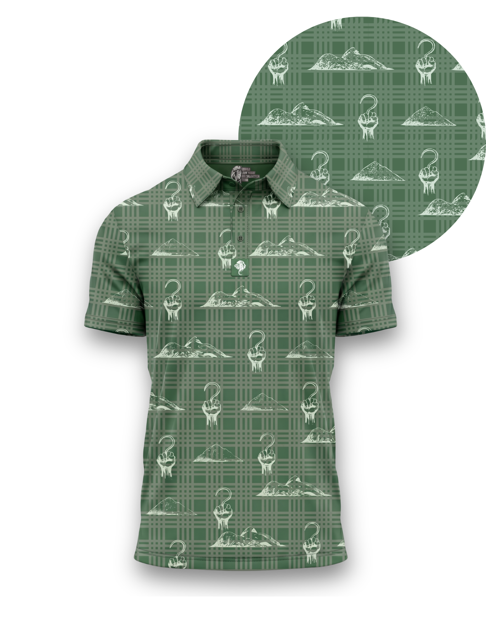 Close detail of the Pena Palaka polo, showing the palaka pattern and hook emblem